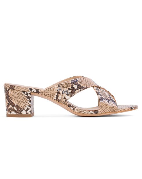 Pantoletten aus Leder mit Niza Python-Print in Braun/Beige