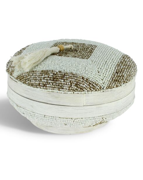Scatola in bambù decorata con perline hoa bianche/naturali/tortora - D.20x12 cm