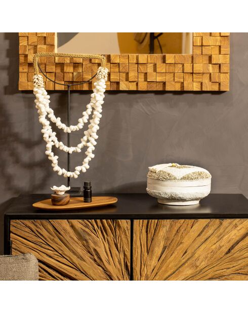 Scatola in bambù decorata con perline hoa bianche/naturali/tortora - D.20x12 cm