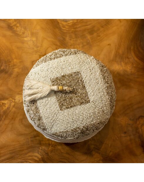 Scatola in bambù decorata con perline hoa bianche/naturali/tortora - D.20x12 cm