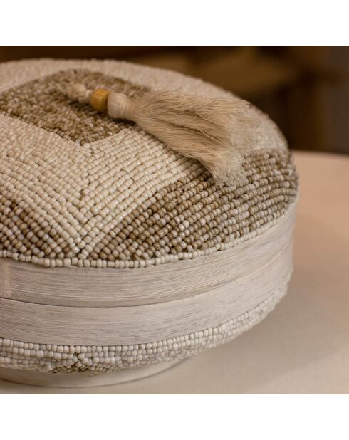 Scatola in bambù decorata con perline hoa bianche/naturali/tortora - D.20x12 cm