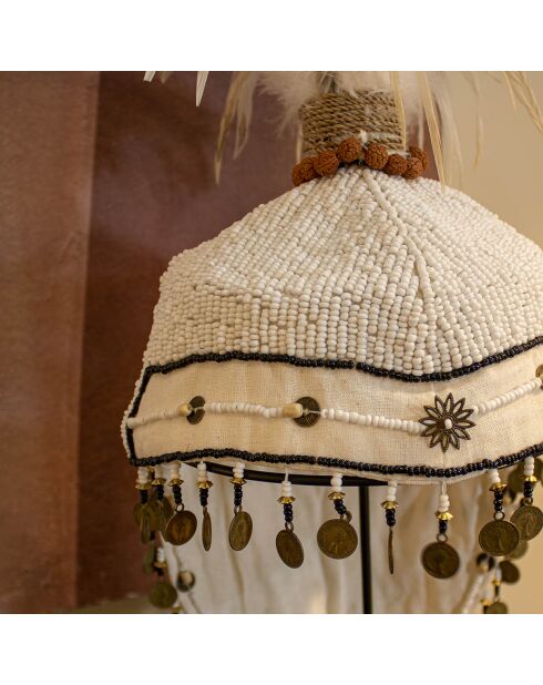 Sanath traditionele hoofdtooi met kralen en veren geborduurde beige/gebroken wit - 18x18x70 cm