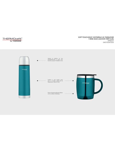 Pack office 1 Bouteille isotherme Soft Touch + 1 Tasse de bureau isotherme turquoise