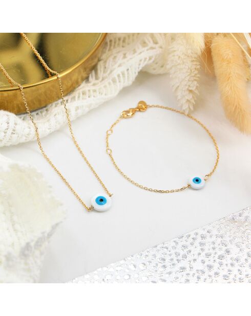 Collier Eye en laiton doré & Résine blanc/bleu