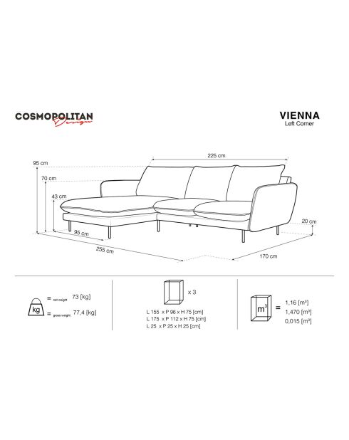 Canapé d'angle gauche velours vienna 5 places beige - 255x170x95 cm