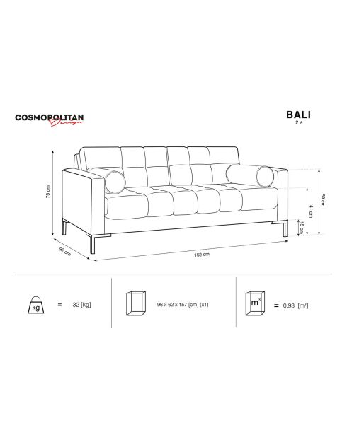 Canapé velours bali 2 places beige - 152x92x75 cm