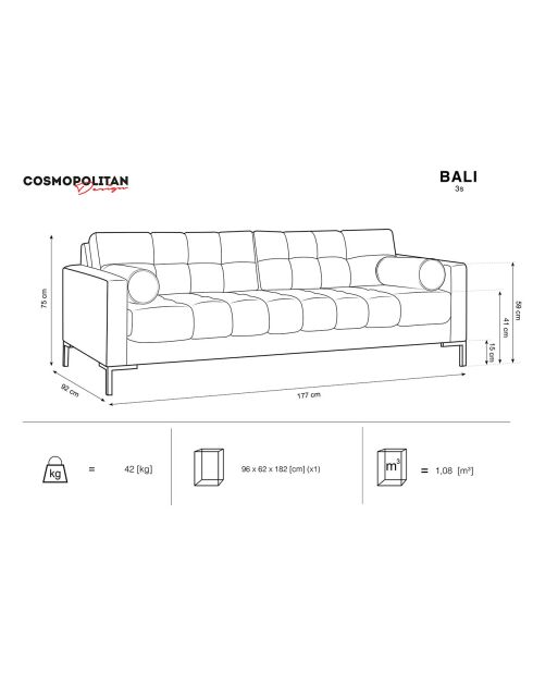 Sofá Bali de terciopelo 3 plazas negro - 177x92x75 cm