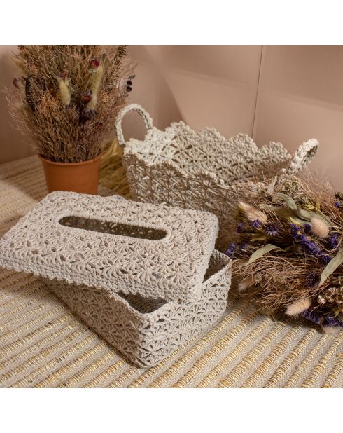 Boite à mouchoir rigide tissée main au crochet Léa beige - 26x16x9 cm