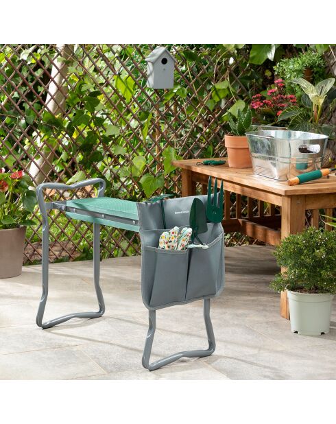 Banc de Jardin pliable avec sac à outils 3-en-1 Situl gris/vert -  60x49x27.5 cm