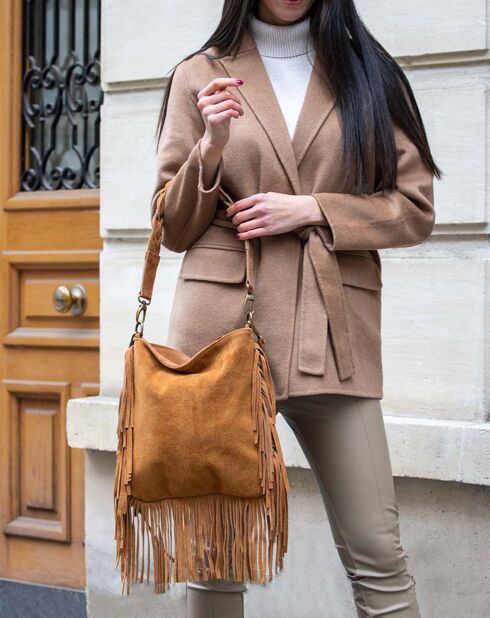 Sac épaule en Velours de Cuir Lucy Franges camel - 32x30x2 cm