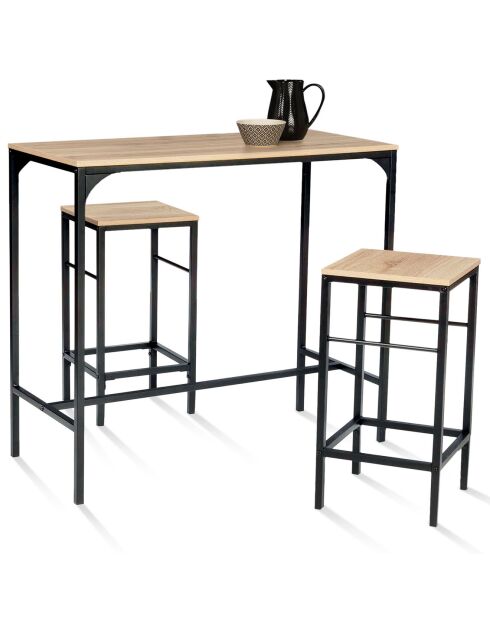 Ensemble Table de bar et 2 Tabourets Memphis bois/noir