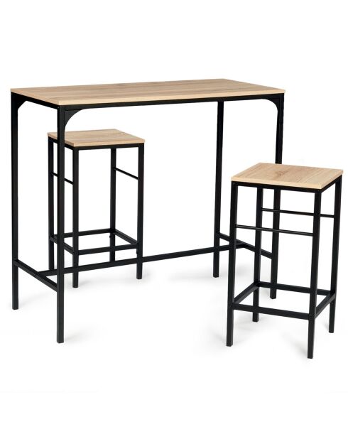 Ensemble Table de bar et 2 Tabourets Memphis bois/noir