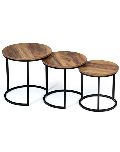 3 Tables basses rondes gigognes Elize bois/noir - D.35/40/45 cm