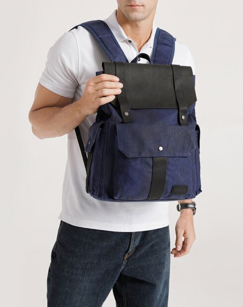 Sac à dos en Cuir & Toile enduite Ali bleu/noir - 44x36x15 cm