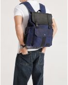Sac à dos en Cuir & Toile enduite Ali bleu/noir - 44x36x15 cm