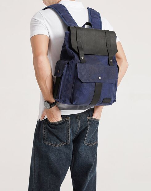 Sac à dos en Cuir & Toile enduite Ali bleu/noir - 44x36x15 cm