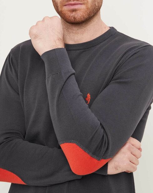 Pull  col rond & coudières anthracite/orange