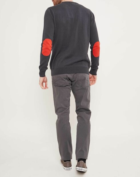 Pull  col rond & coudières anthracite/orange
