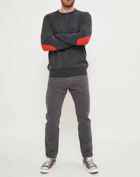 Pull  col rond & coudières anthracite/orange