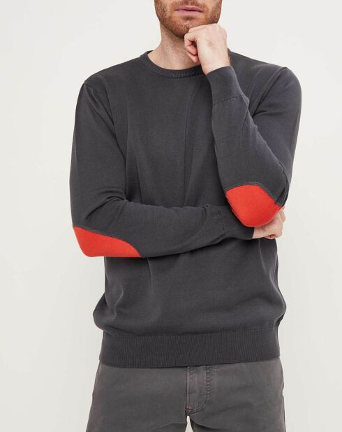 Pull  col rond & coudières anthracite/orange