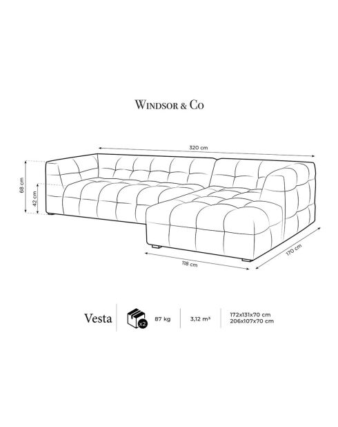 Canapé d'angle droit Velours Vesta 5 places bleu roi - 320x170x68 cm
