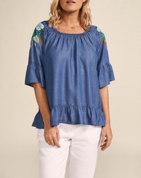 Blouse Carolane à volant bleu jean