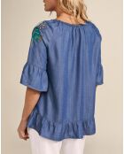 Blouse Carolane à volant bleu jean