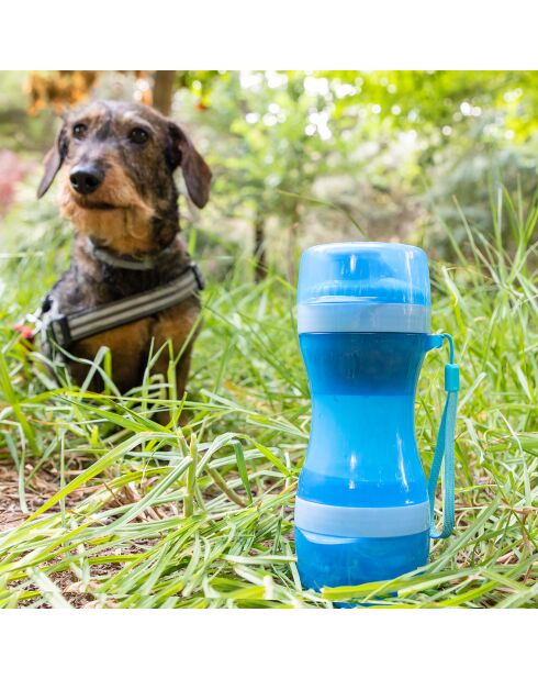 Bouteille avec Distributeur d'eau et d'aliments 2 en 1 bleue