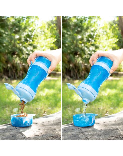 Bouteille avec Distributeur d'eau et d'aliments 2 en 1 bleue