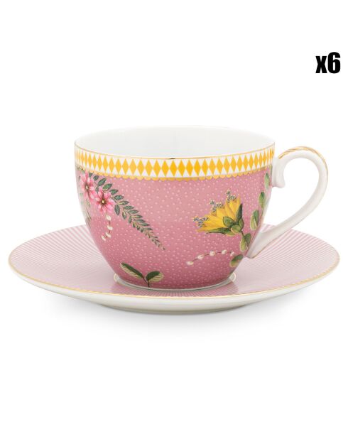 6 rosafarbene Teetassen La Majorelle aus Porzellan mit Untertassen - 28 cl