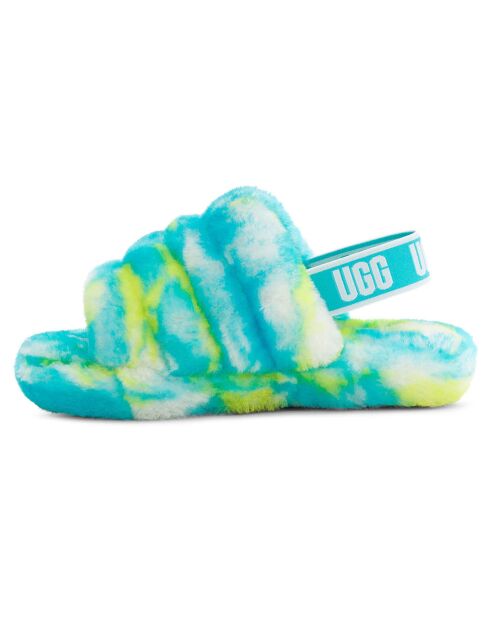 Sandales chaussons en Peau de Mouton Fluff Slide Marble bleu/jaune