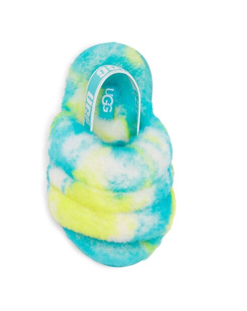 Sandales chaussons en Peau de Mouton Fluff Slide Marble bleu/jaune