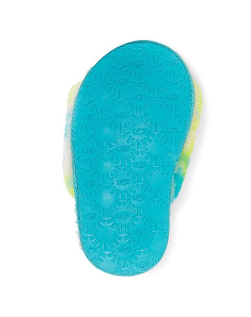 Sandales chaussons en Peau de Mouton Fluff Slide Marble bleu/jaune