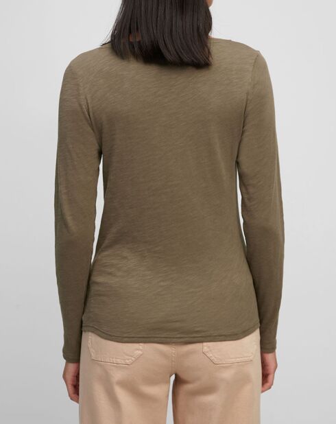 T-Shirt Col V en Coton flammé kaki