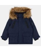 Parka mi-longue à capuche fourrée bleu marine