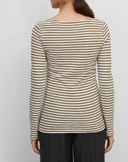 T-Shirt Col Bateau Coton bio flammé rayé marron/écru