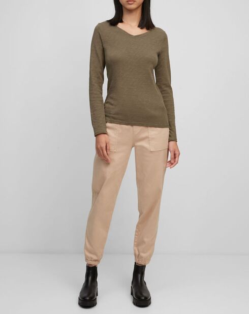 T-Shirt Col V en Coton flammé kaki