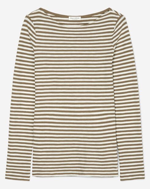 T-Shirt Col Bateau Coton bio flammé rayé marron/écru