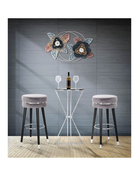 Tabouret de bar en bois et velours Paris gris/noir/argenté - 35x35x74 cm