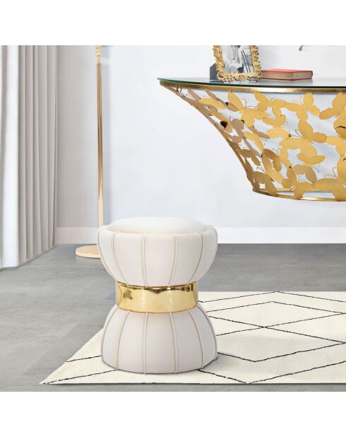 Taburete redondo de terciopelo color crema con flores - 40x40x44 cm