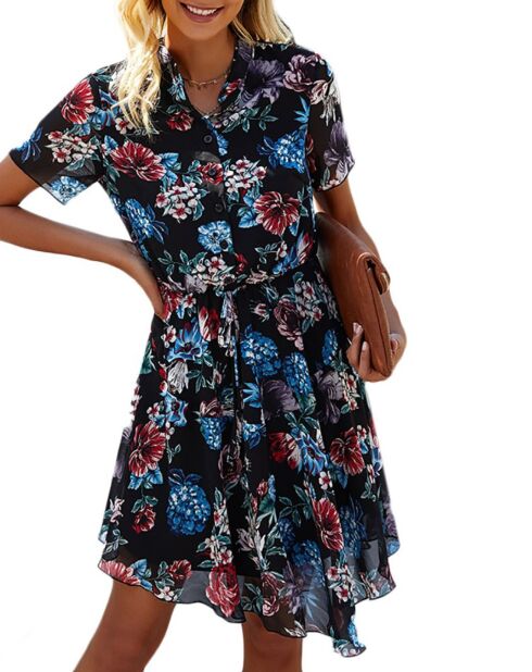 Robe courte Lou imprimée fleurie bleu marine