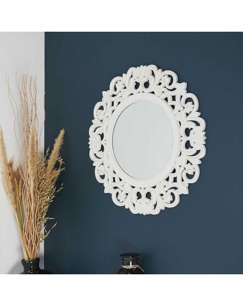 Miroir en bois sculpté Charme blanc - D.60 cm