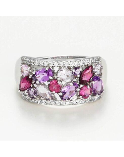 Bague Améthyste 0.79 ct, Améthyste rose 0.46 ct, Rhodolite 0.70 ct & Topaz blanche 0.17 ct or blanc