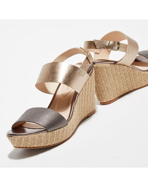 Keilsandalen Julieta aus goldfarbenem und braunem Leder - 10 cm Absatz