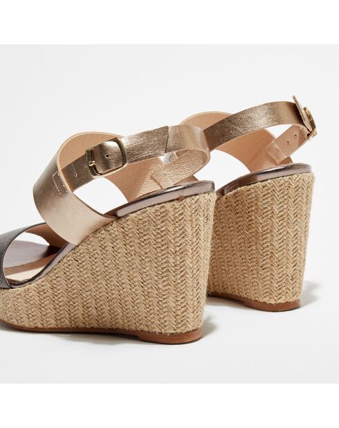 Keilsandalen Julieta aus goldfarbenem und braunem Leder - 10 cm Absatz