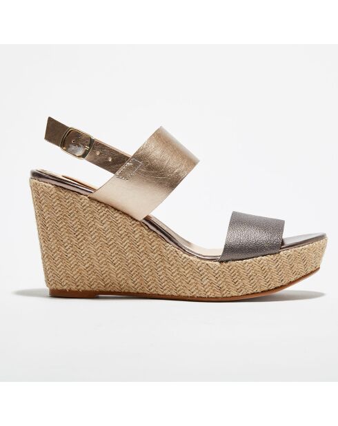 Keilsandalen Julieta aus goldfarbenem und braunem Leder - 10 cm Absatz