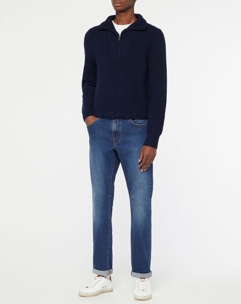 Pull en Laine & Cachemire Notecam col zippé bleu marine