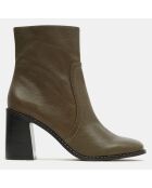 Bottines en Cuir trépointe travaillée kaki - Talon 9 cm