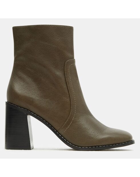 Bottines en Cuir trépointe travaillée kaki - Talon 9 cm