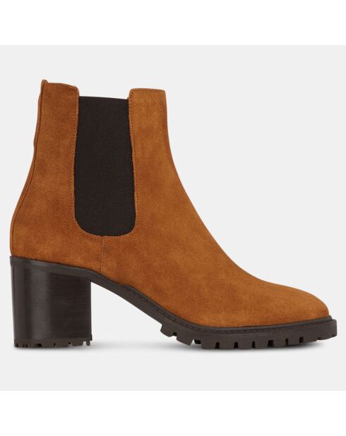 Chelsea Boots en Velours de Cuir à semelle crantée camel - Talon 7 cm